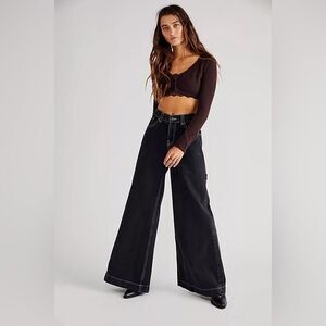 Free People The Ragged Priest Sweeper Jeans Wide Leg Black Sz 24
